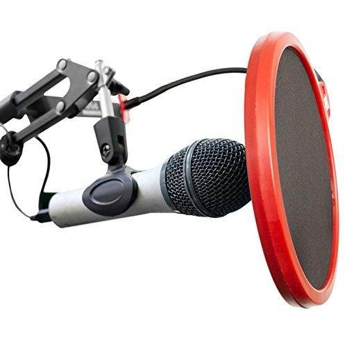 deco gear universal double layer pop filter microphone wind screen with adjustable goose neck mic stand clip black with red trim