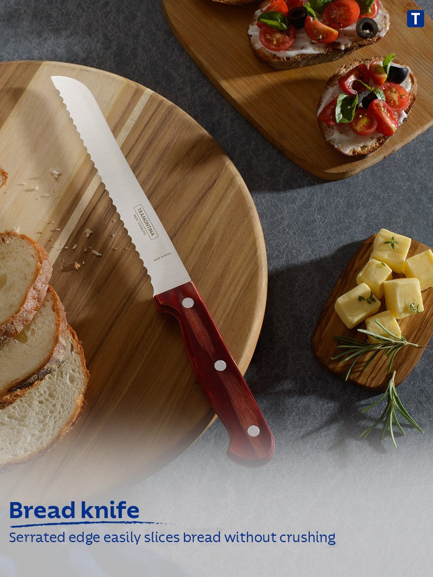 Tramontina Polywood Stainless Steel Bread Knife 7" Serrated Edge Polywood Handle Kitchen Knife