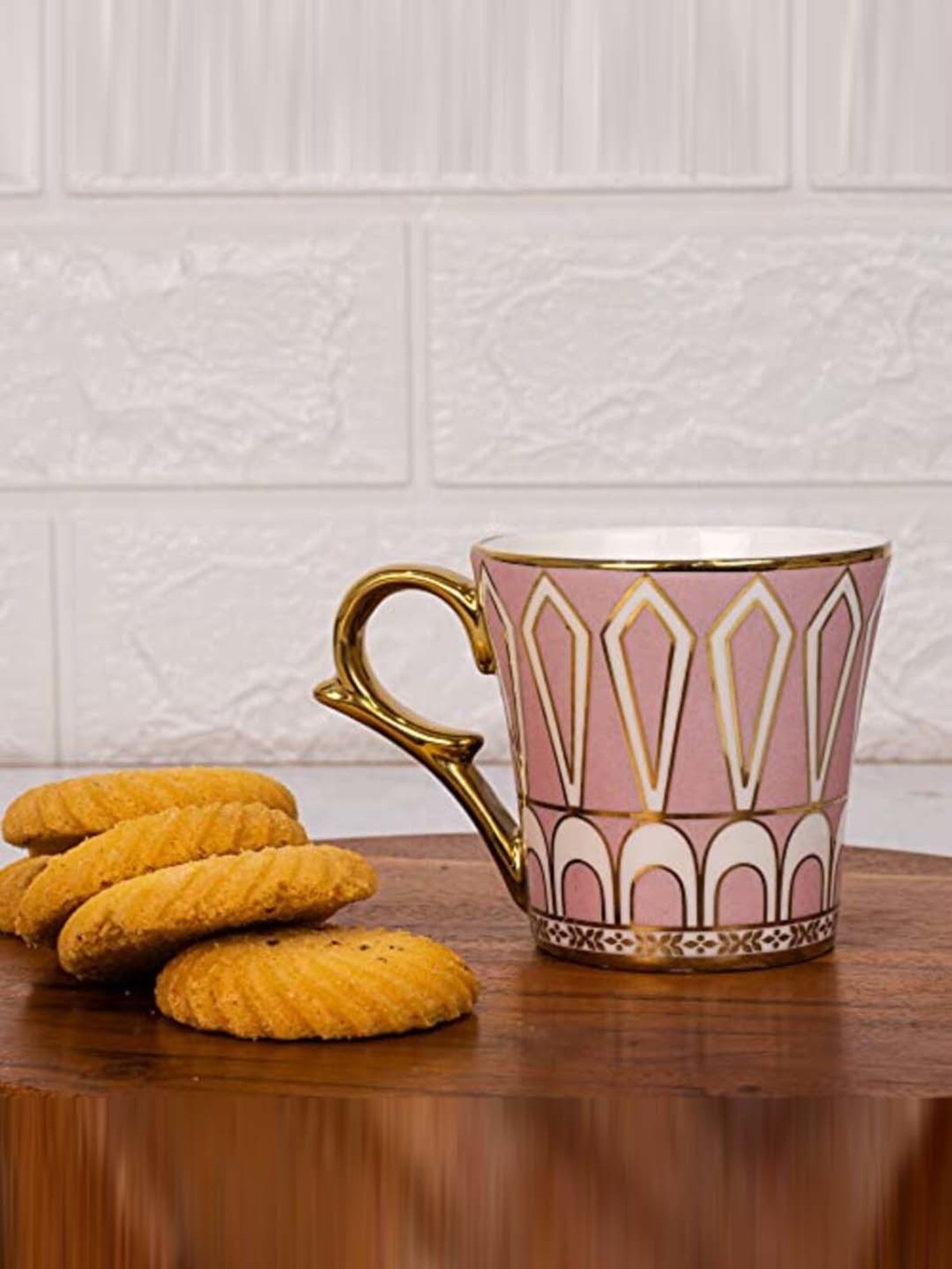 Femora Pink Ceramic Dropped U Scale Golden Tea Mugs (0.16 L) - Set of 6