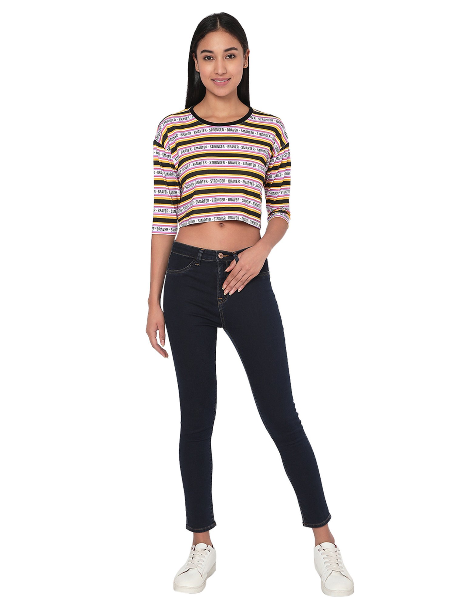 Spykar Yellow & Black Striped Crop Top