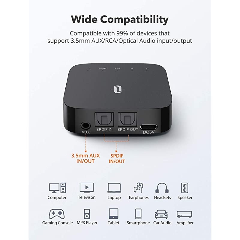 Bluetooth 5.0 Transmitter Receiver with Codec Display, aptX Low Latency Wireless Audio Adapter for TV Home Audio System (3.5mm AUX, RCA, SPDIF in/Out) Dual Link, 24hrs Play Time