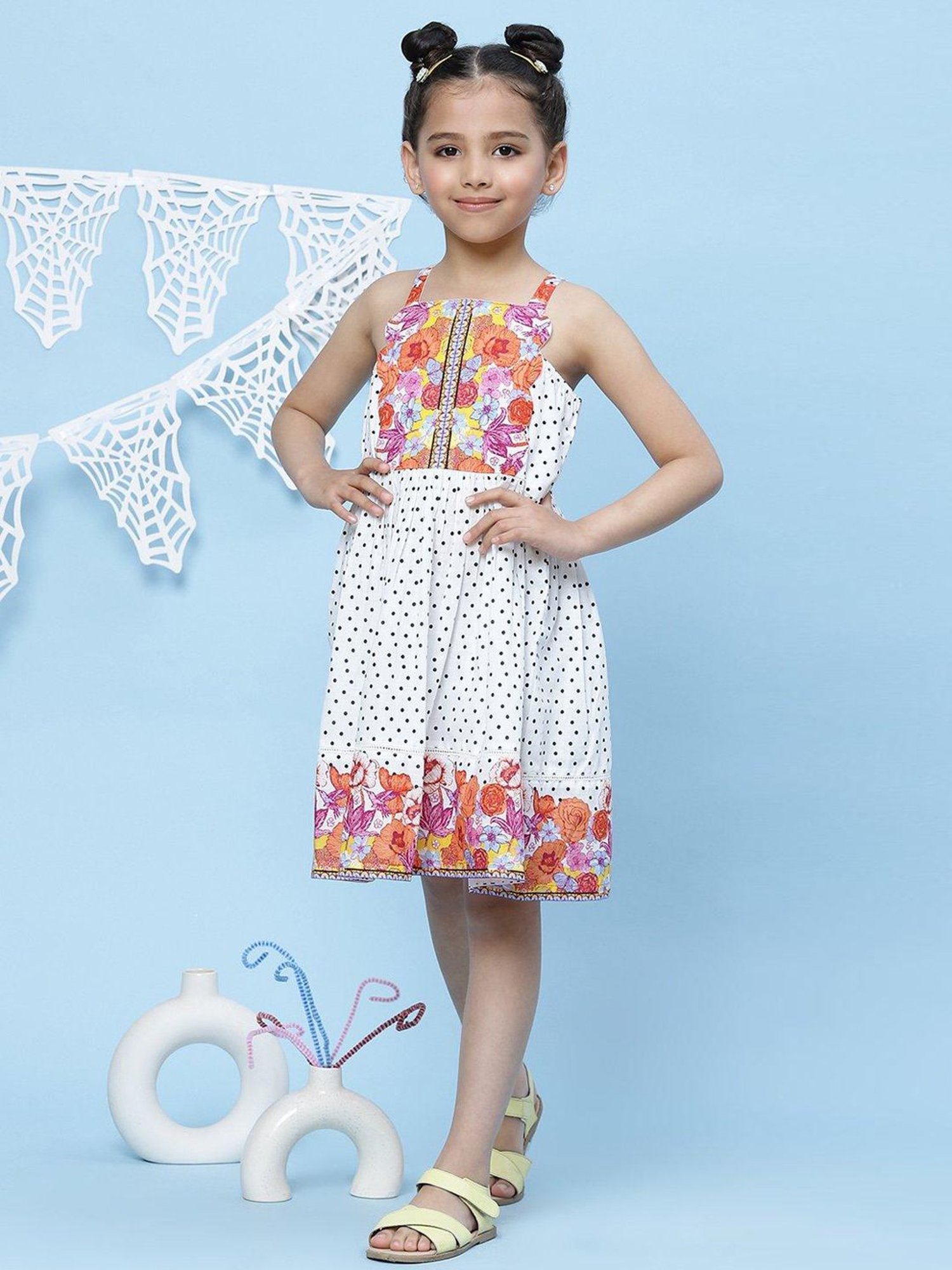 BIBA Girls White Cotton Printed Dress