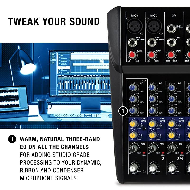 ZMX862 | Studio Quality 6 Channel Compact Audio Mixing Desk with Two XLR Microphone Inputs, Two Stereo Inputs and Two Aux Outputs