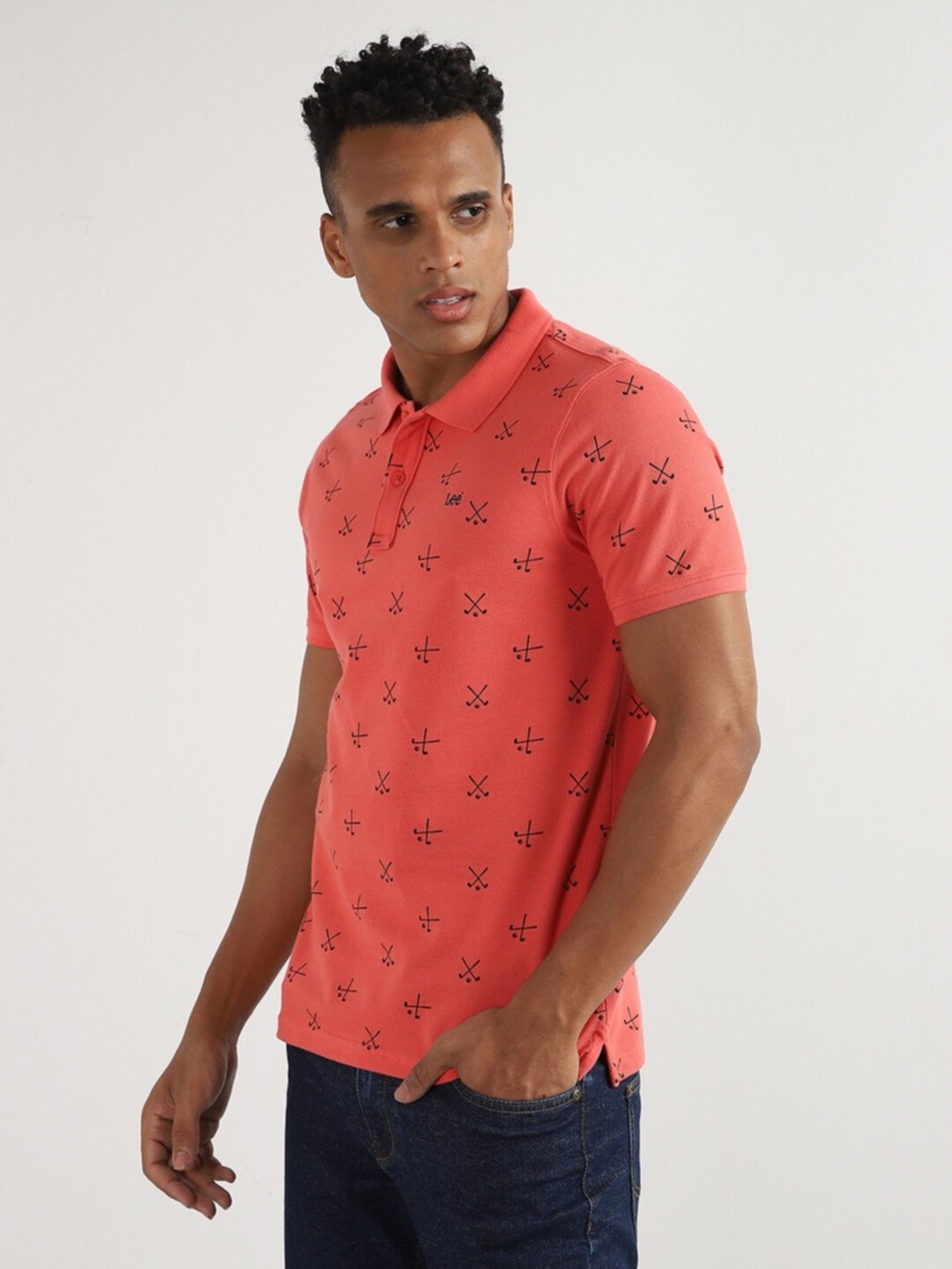 Lee Shiny Pink Cotton Slim Fit Printed Polo T-Shirt