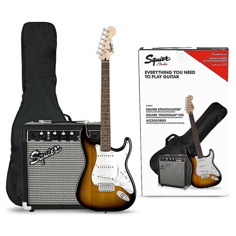 Squier Stratocaster Electric Guitar Pack With Squier Frontman 10G Amp Brown Sunburst