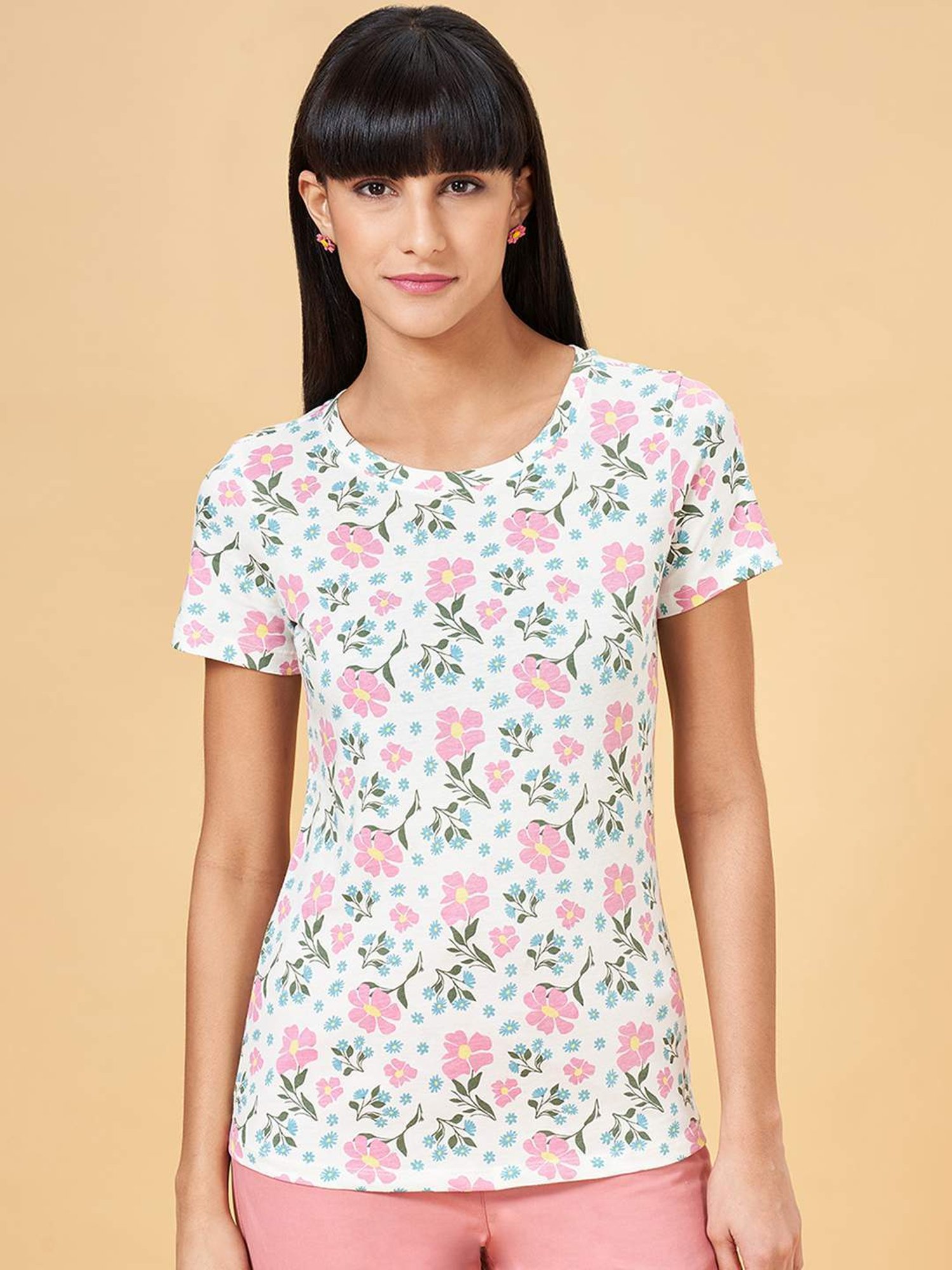 Honey by Pantaloons Star White Cotton Floral Print T-Shirt