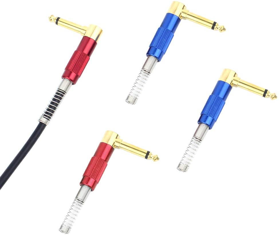 1/4 Audio Plugs 6.35 mm Plug TS Male 1/4 inch Heavy Duty Solder Type Mono Connector with Spring, Right Angle for DJ Mixer, Speaker Guitar Cables, Patch Cable, Microphone Cable Blue+Red (4 Pack)