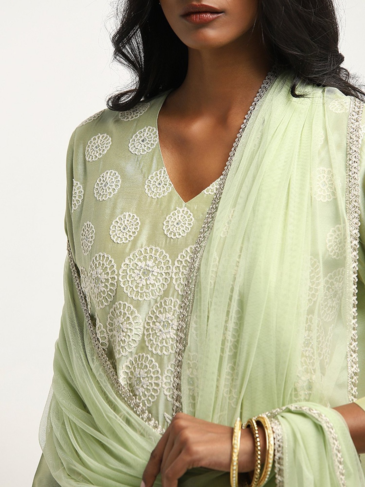 Vark by Westside Light Green Embroidered Kurti, Palazzos & Dupatta Set