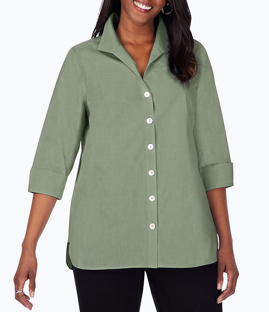 Foxcroft Plus Size Pandora 3/4 Sleeve Spread Point Collar Neck Button Front Shaped Tunic