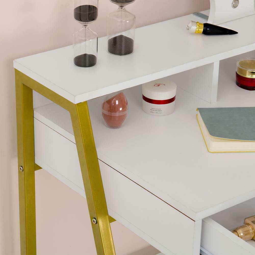 Makeup Dressing Table Vanity Set 2 Jewelry DrawerLighted Round Mirror White