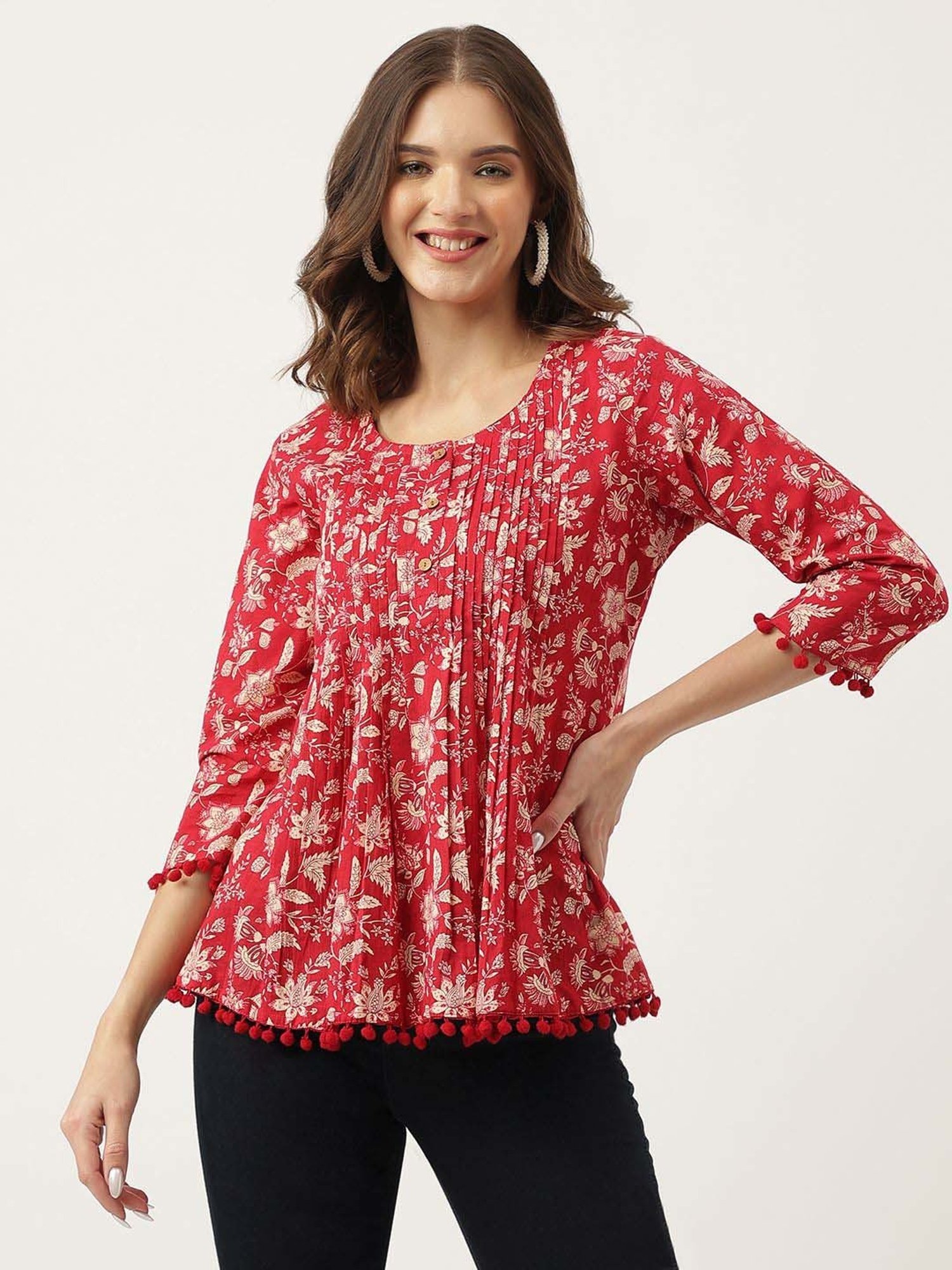 Divena Red Cotton Floral Print Top