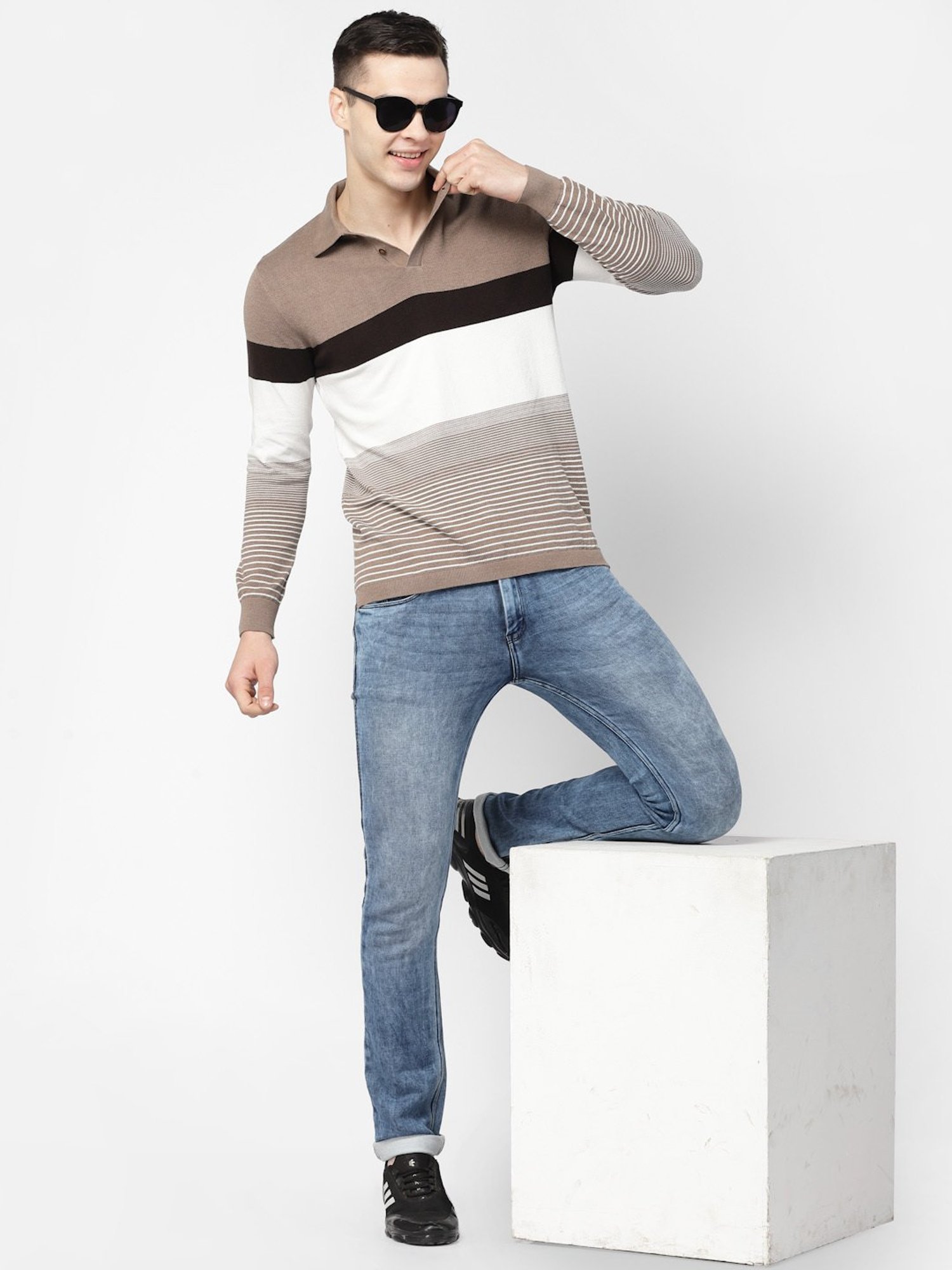 Kalt Brown & White Regular Fit Striped Polo T-Shirt