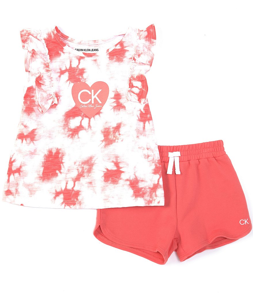 Calvin Klein Little Girls 2T-6X Flutter-Sleeve Tie-Dye Tee & Shorts Set