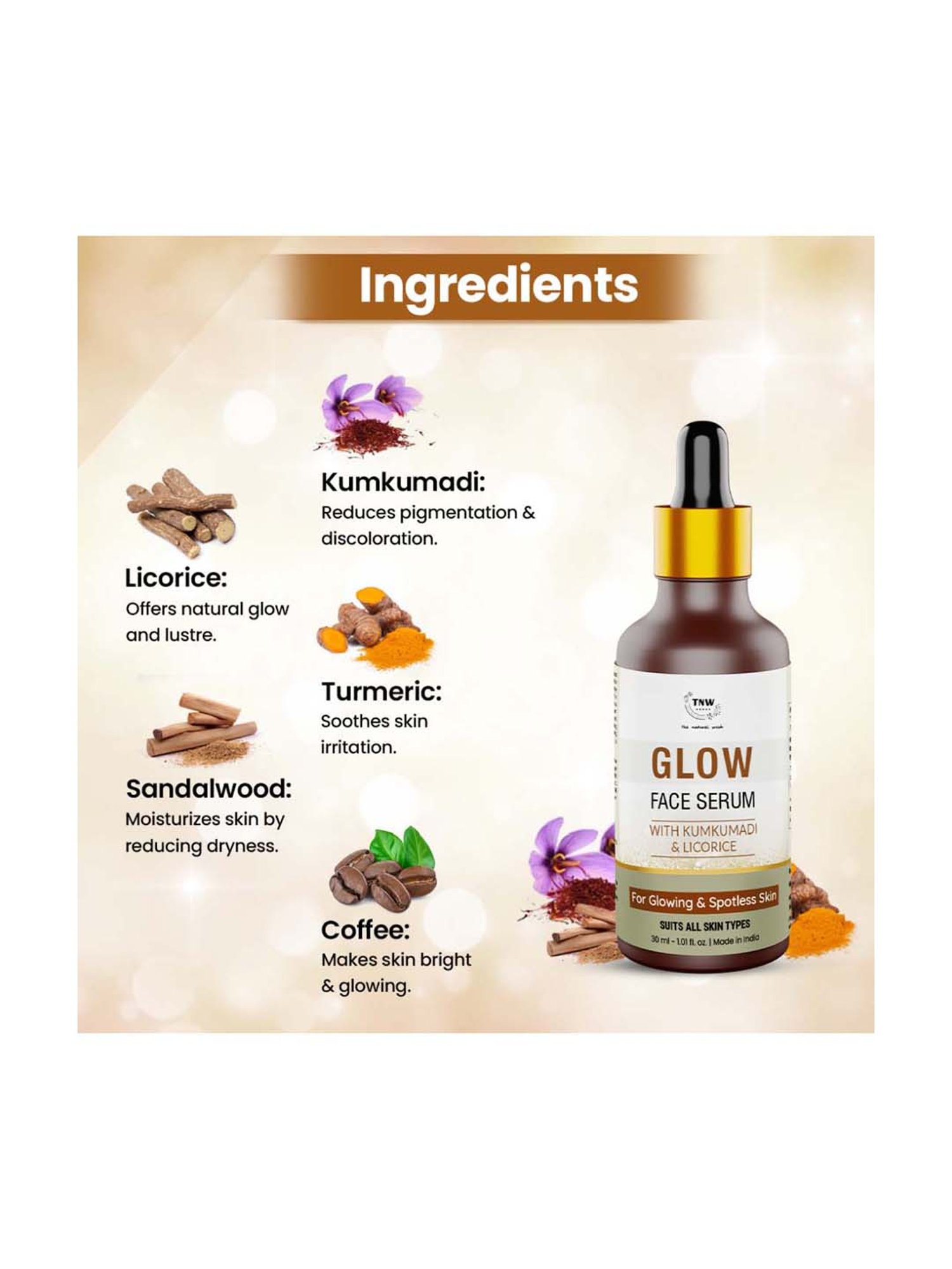 TNW-THE NATURAL WASH Glow Face Serum With Kumkumadi & Licorice for Glowing & Spotless Skin - 30 ml
