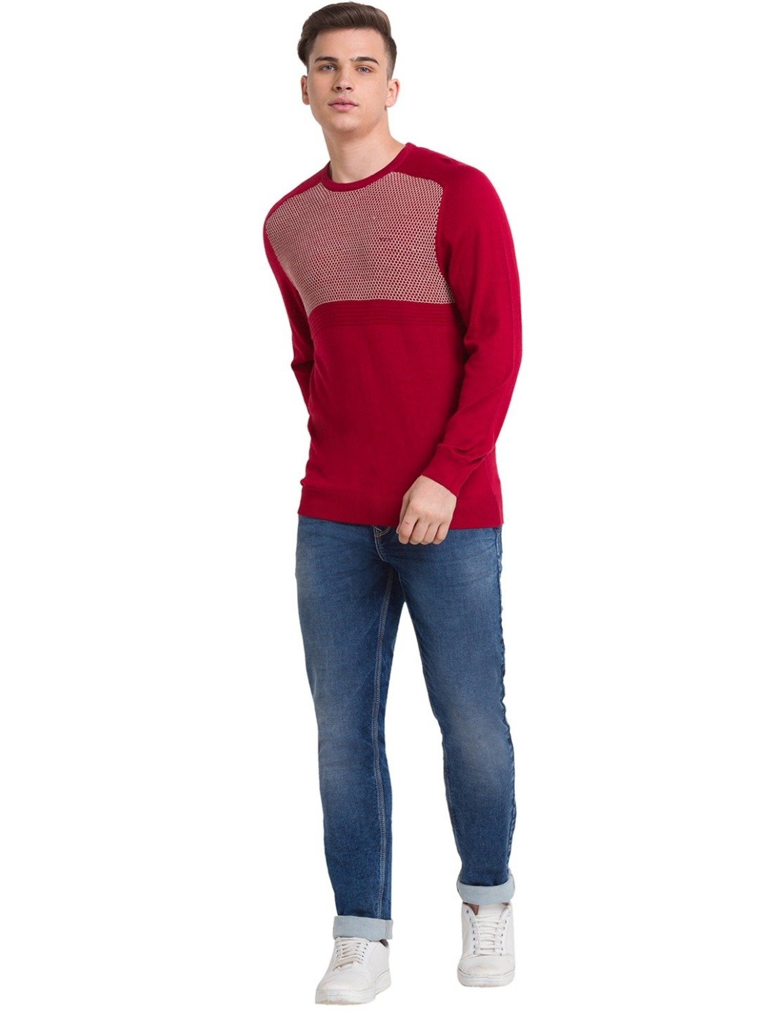 ColorPlus Red Tailored Fit Self Pattern Sweater