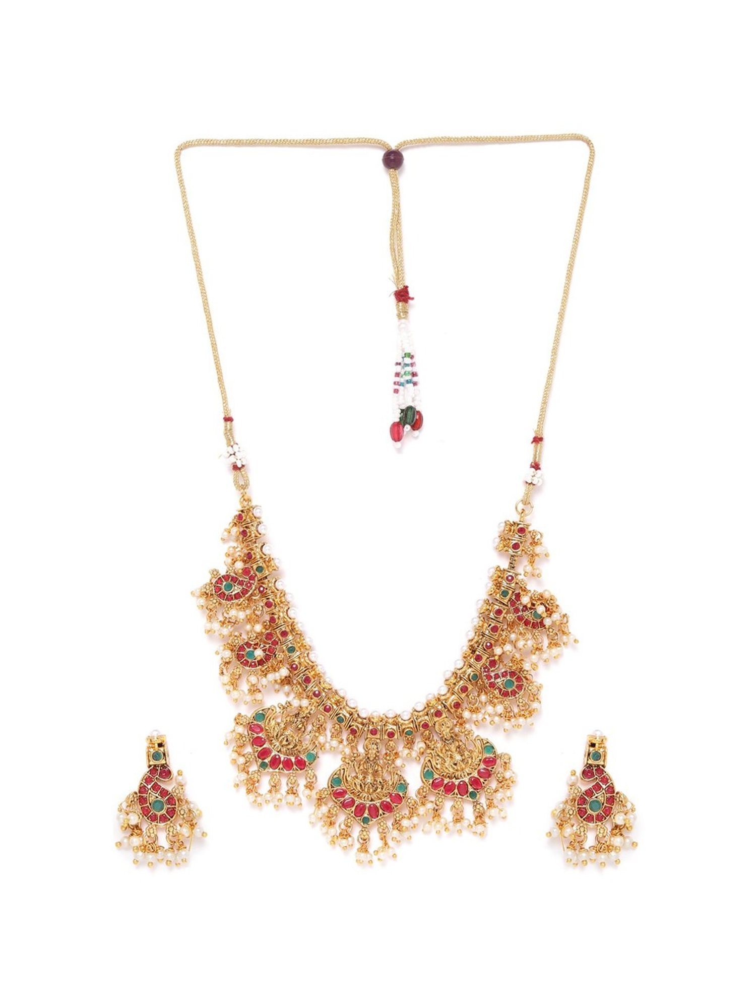 Zaveri Pearls Green & Pink Stones Goddess Laxmi Temple Choker Necklace & Earring Set-ZPFK9638