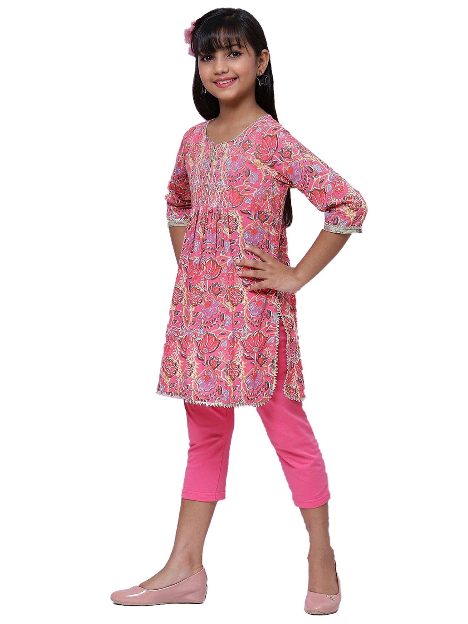 BIBA Girls Pink Printed Top with Leggings