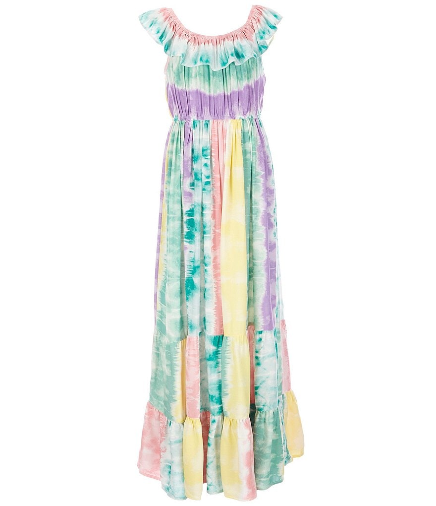 Poppies And Roses Big Girls 7-16 Ruffle Sleeve Tie-Dye Tiered Skirt Maxi Dress