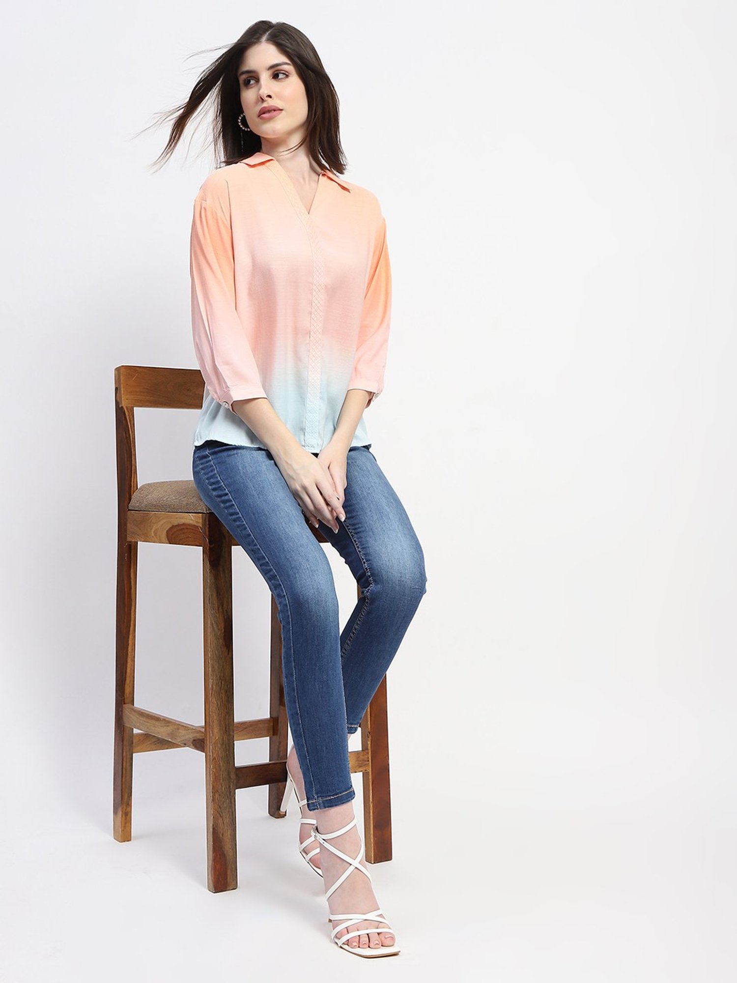 MADAME Orange & Blue Textured Top