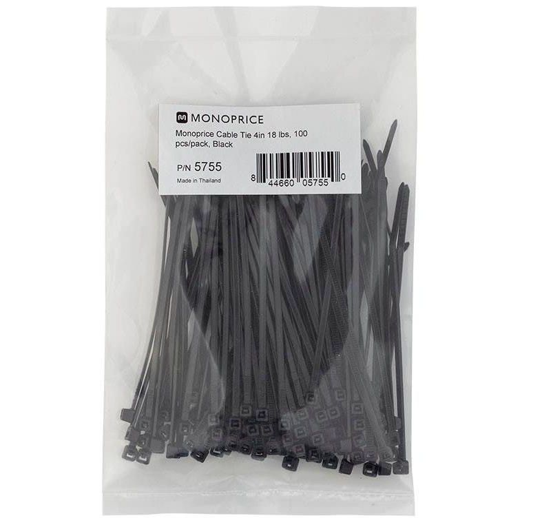 Monoprice 4-inch Cable Tie, 100pcs/Pack, 18 lbs Max Weight - Black