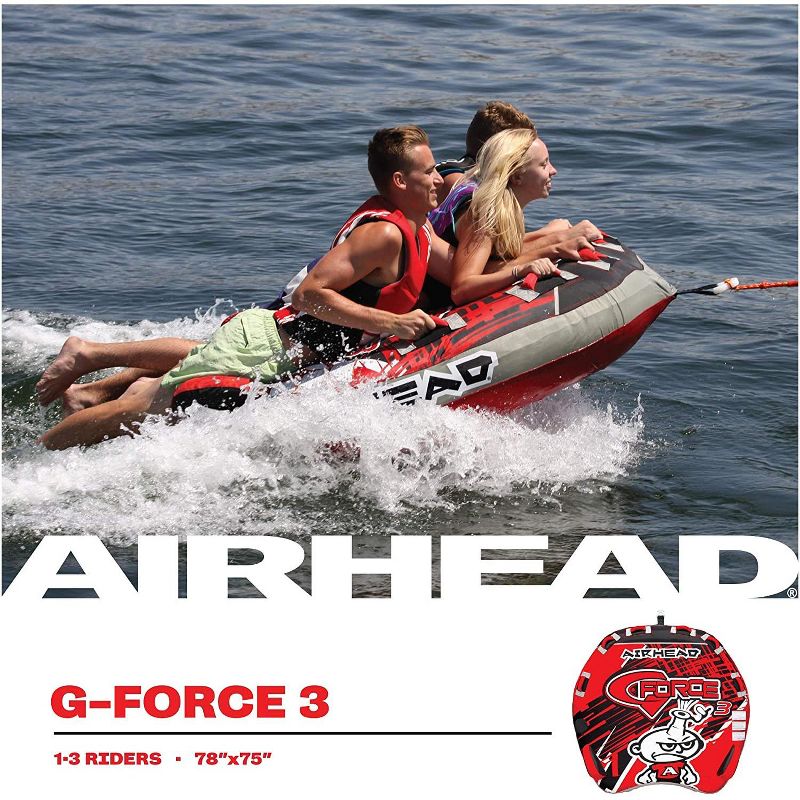 AIRHEAD AHGF-3 G-Force 3 Triple Rider Inflatable Towable Boating Lake Performance Tube with Speed Safety Valve, Tow Point, and Handles