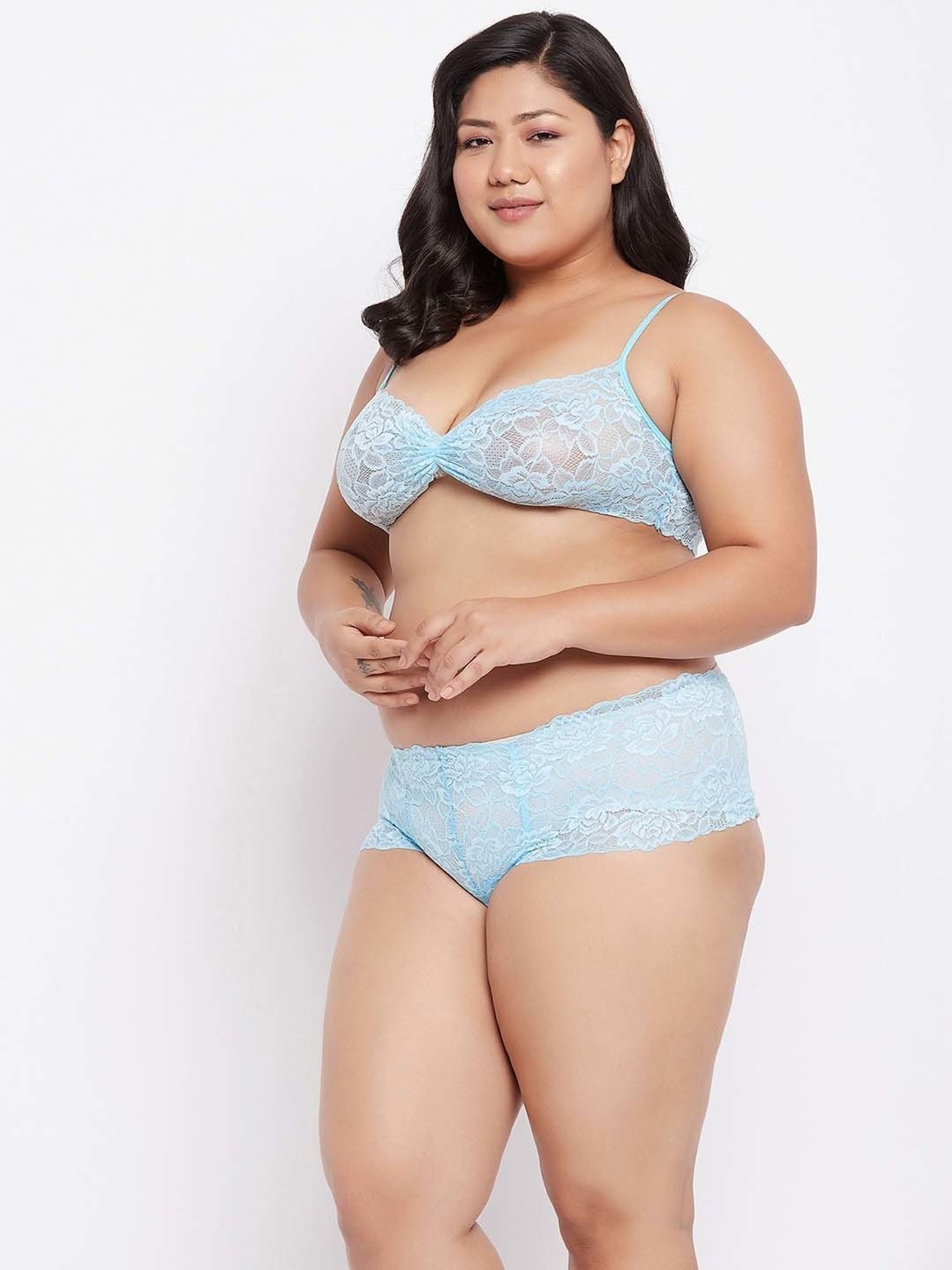 Secrets By ZeroKaata Turquoise Lace Work Bra Panty Set