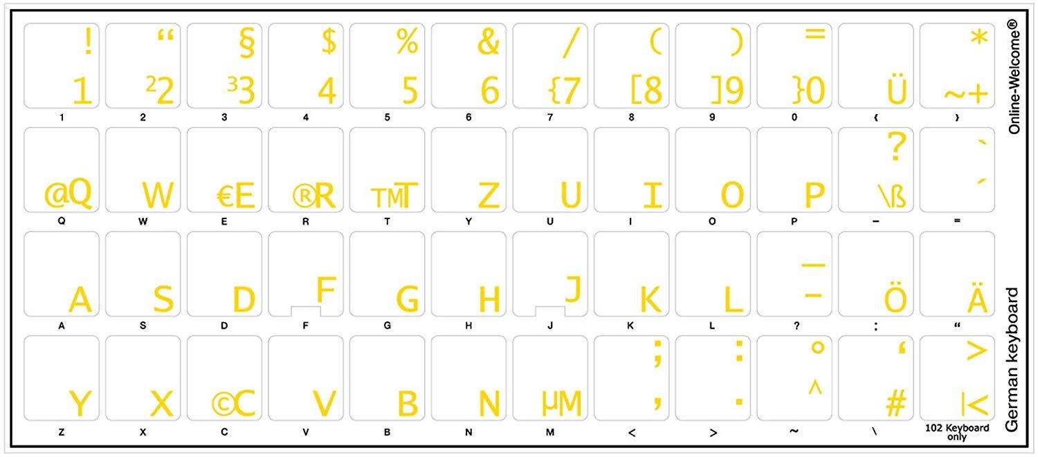 GERMAN KEYBOARD STICKERS WITH TRANSPARENT BACKGROUND WITH YELLOW LETTERING FOR COMPUTER LAPTOPS DESKTOP