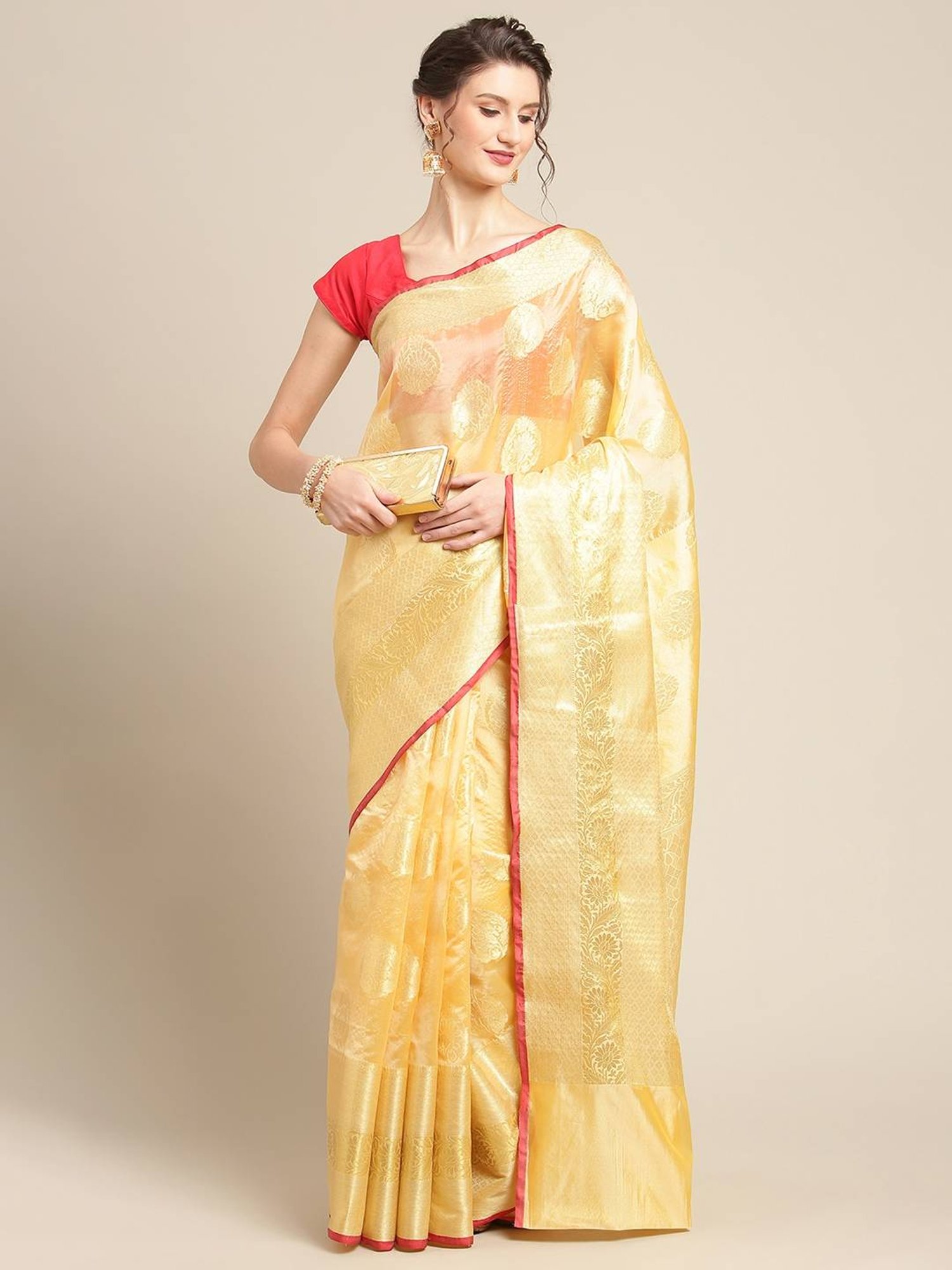 Banarasi Silk Works Peach Woven Saree with Blouse