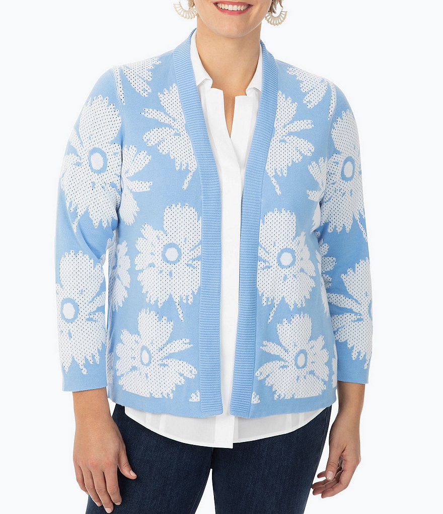 Foxcroft Plus Size Bracelet Sleeve Reversible Floral Stitch Cardigan