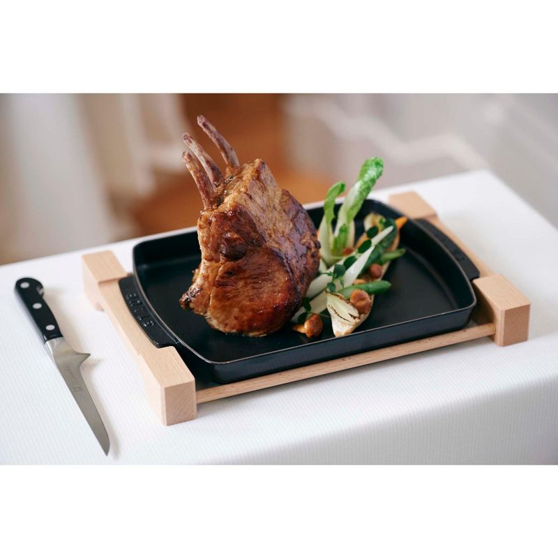 Staub Cast Iron 15 x 9-inch Rectangular Serving Dish with Wood Base - Matte Black