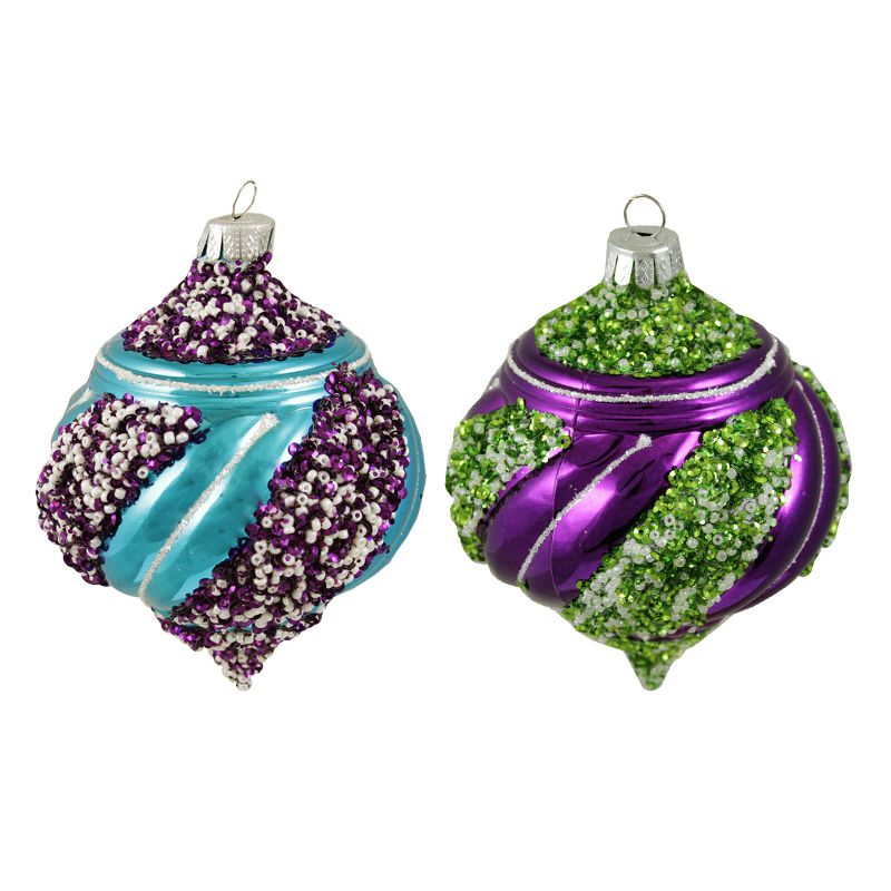 Sterling 2ct Beaded Twist Shiny Shatterproof Christmas Onion Ornament Set 5" - Purple/Green