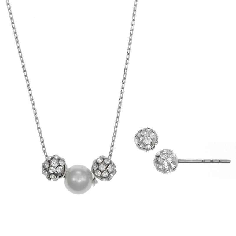 FAO Schwarz Fine Silver Plated Fireball and Simulated Pearl Necklace and Stud Earring Set