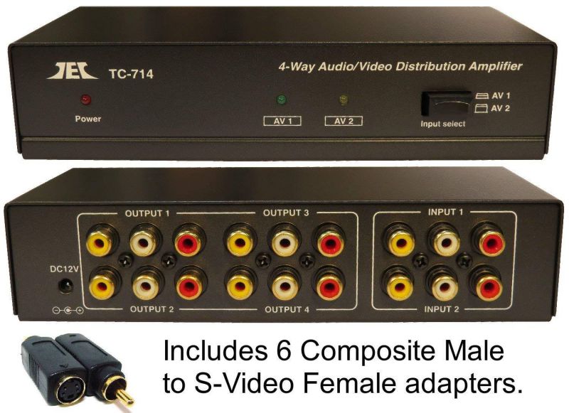 2 in x 4 out Composite RCA S-Video, Audio Distribution Amplifier Amp Splitter Matrix Distributor