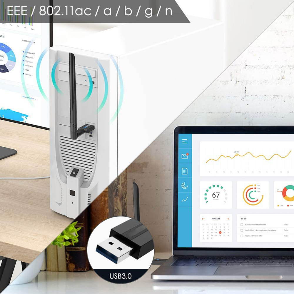 WiFi Adapter, AC1200 Dual Band (5.8G/Max 867Mbps & 2.4G/Max 300Mbps) Wireless Network USB 3.0 Wifi Dongle with 5dBi Antenna for PC/Desktop/Laptop, Support Windows XP Vista/7/8/8.1/10, Mac Os X