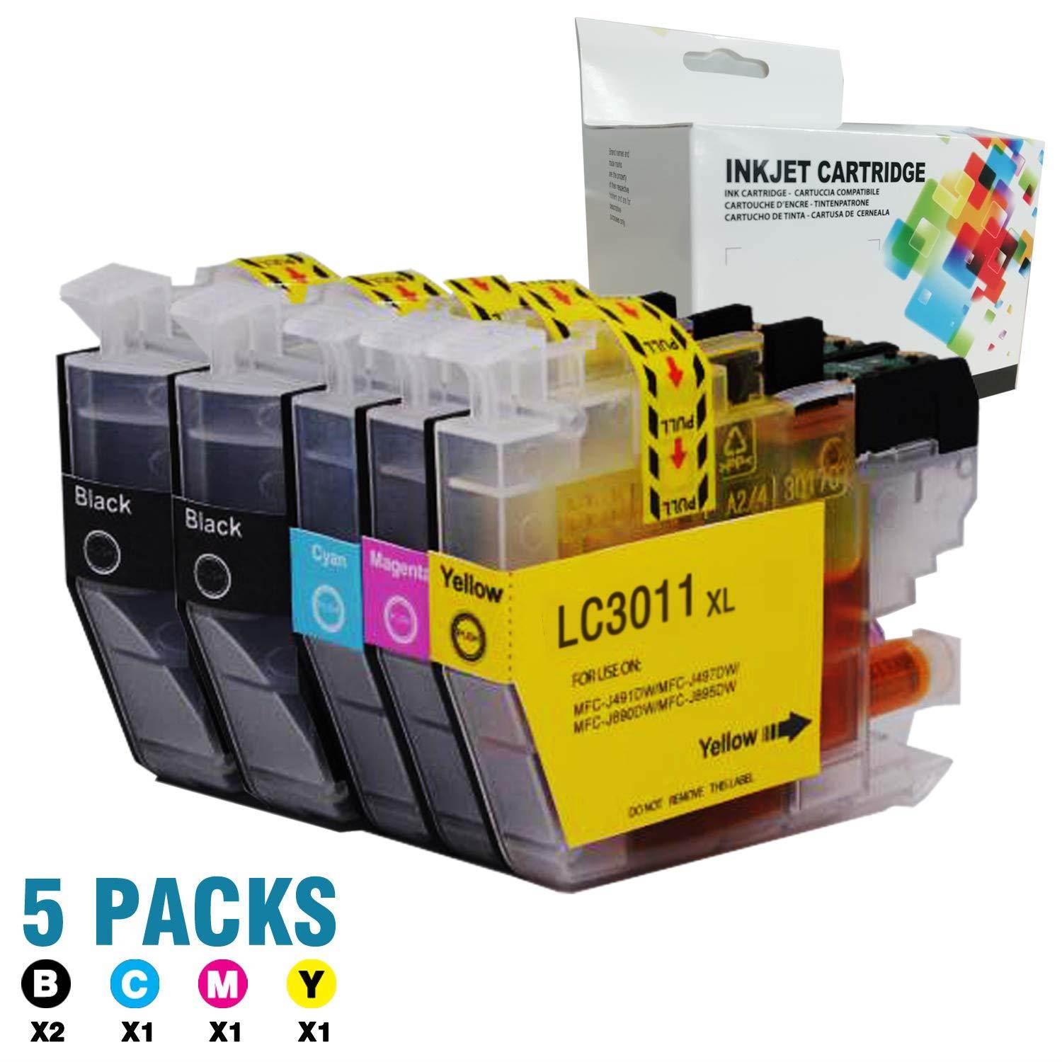 Compatible LC3011 Ink Cartridge Replacement for Brother LC-3011 LC3011 Ink Cartridge for Brother MFC-J491DW MFC-J497DW MFC-J690DW MFC-J895DW Printer(2 Black,1 Cyan,1 Magenta,1 Yellow) 5-Pack