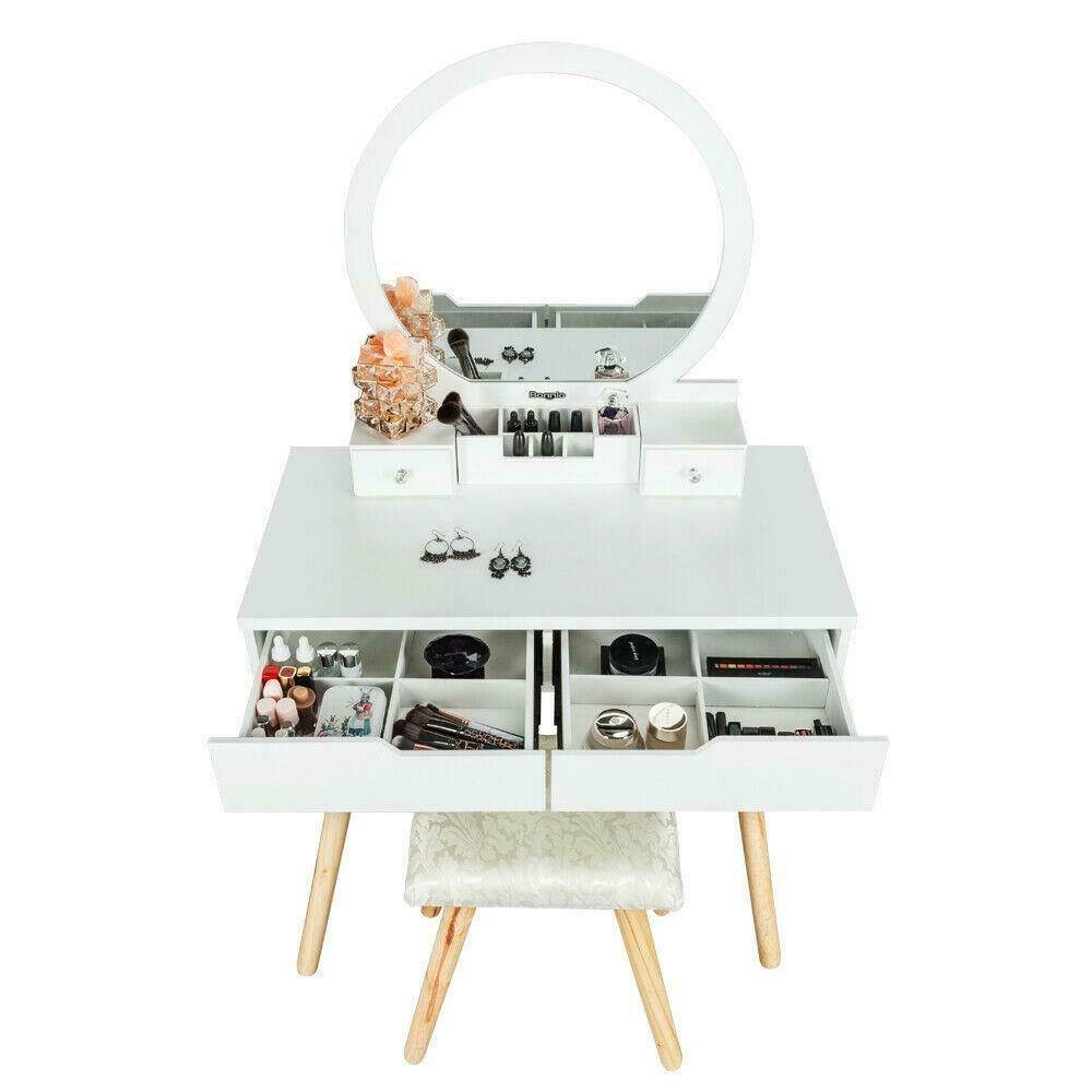 Vanity Table Set with Round Mirror 4 Large Drawers Makeup Dressing Table White
