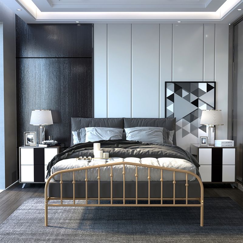 Costway Queen size Metal Bed Frame Steel Slat Platform Headboard Bedroom Antique Brown