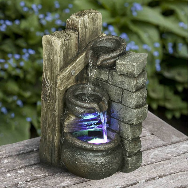 14" 2 Bowls Pouring into 1 Tabletop Waterfall Fountain with LED Light Gray - Hi-Line Gift