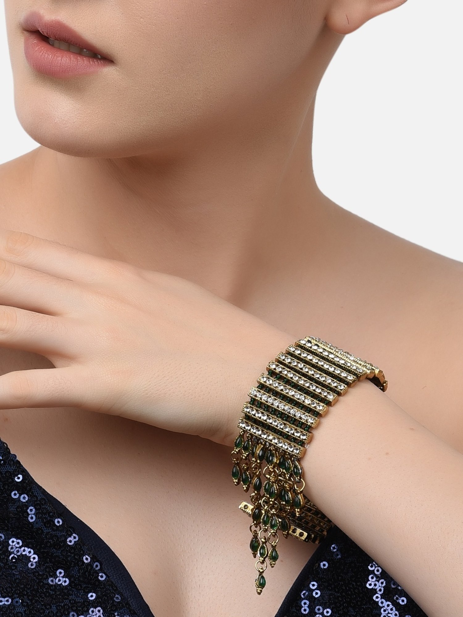 Zaveri Pearls Green Beaded Austrian Diamonds Ethnic Bracelet-ZPFK10827