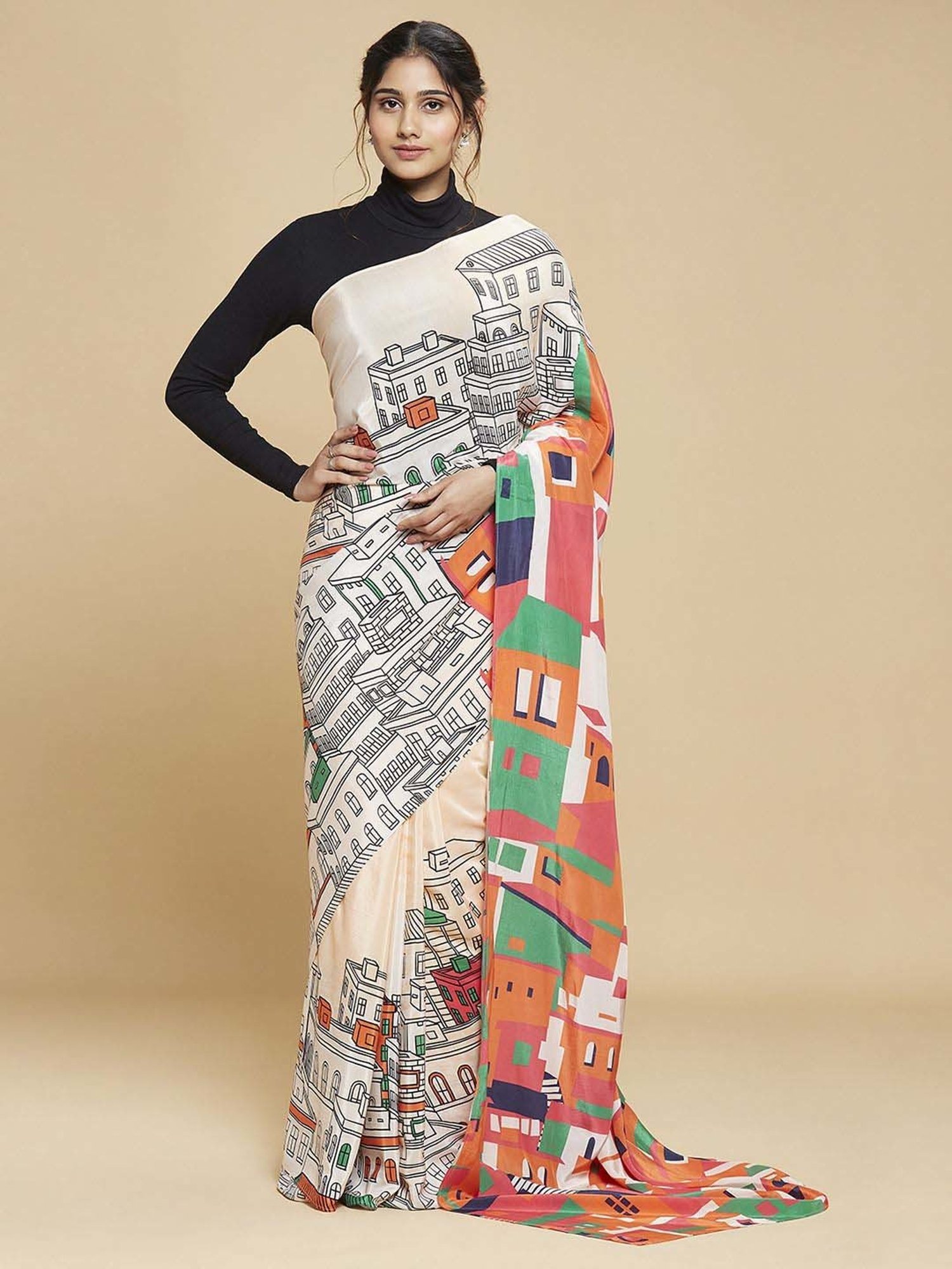 navyasa by liva Peach Printed Saree With Unstitched Blouse