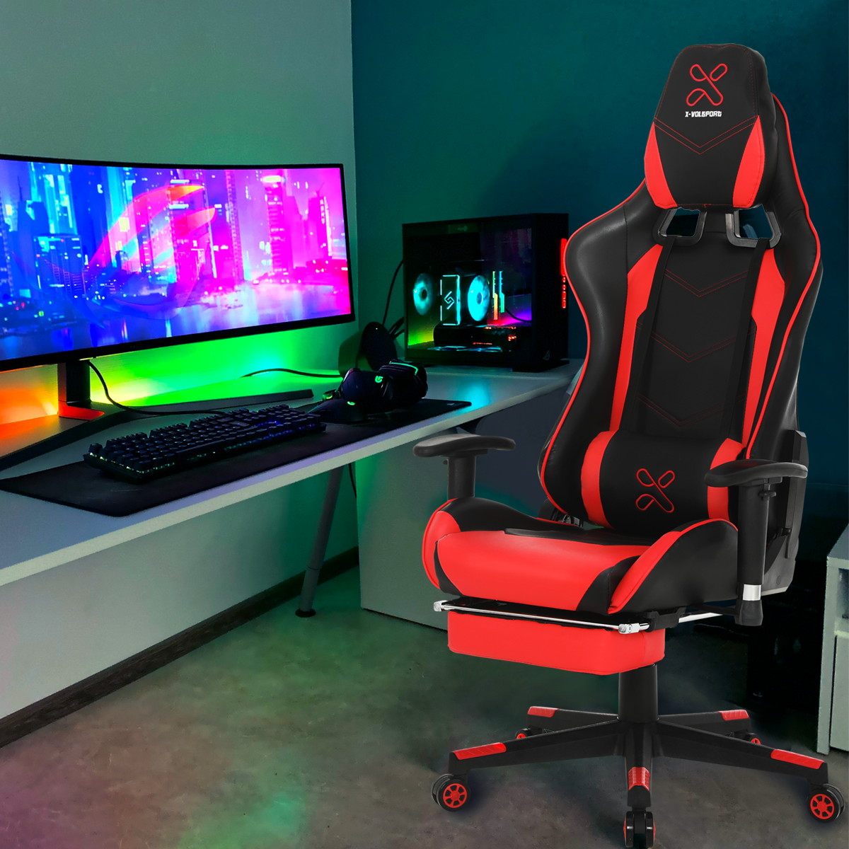X-VOLSPORT Gaming Chair Office High Back Chair with Footrest, Racing Style PU Leather Ergonomic Computer Video Game Chair with Headrest and Lumbar Massage
