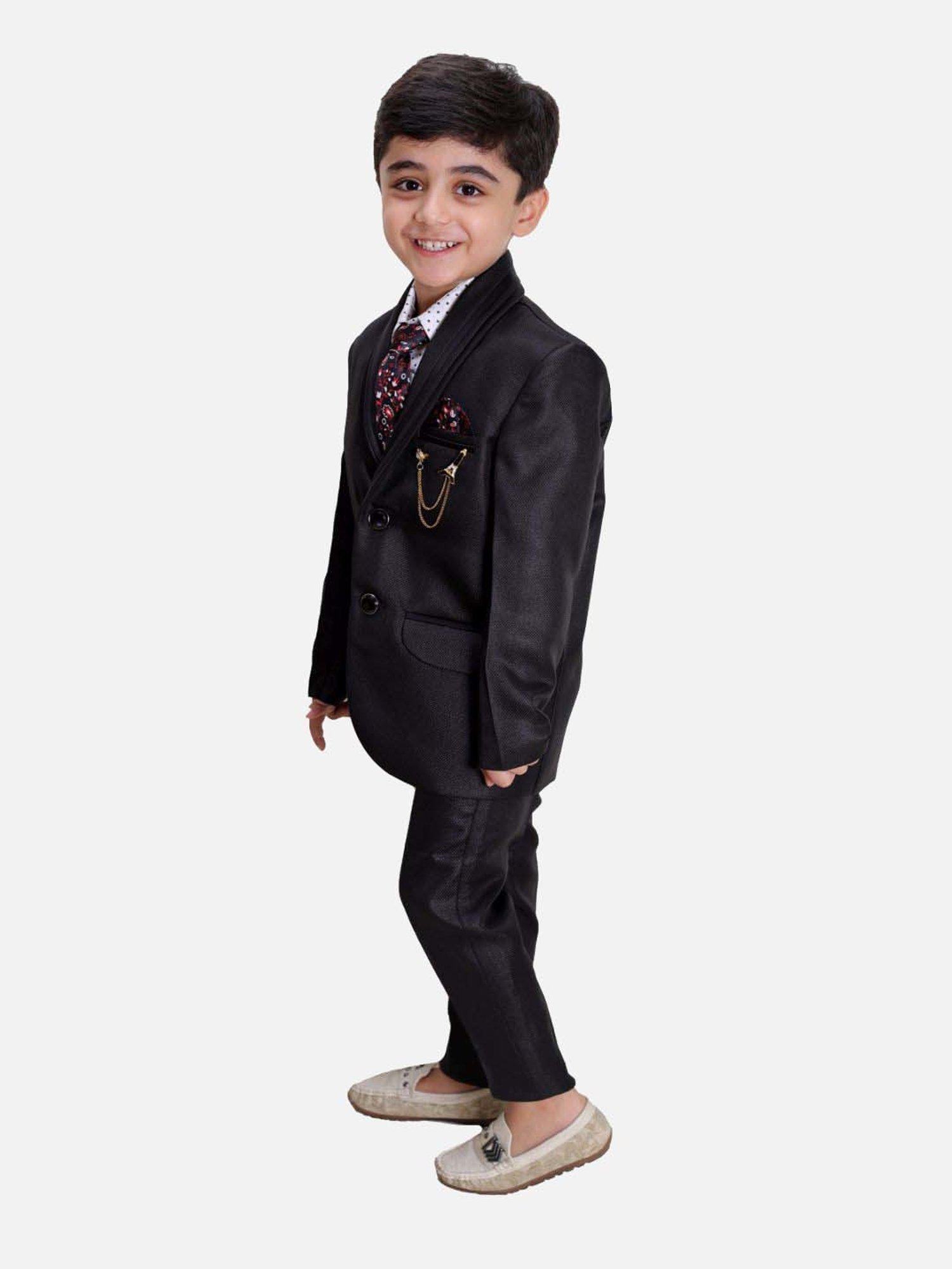 Fourfolds Boys Black & White Solid Full Sleeves Suit Set