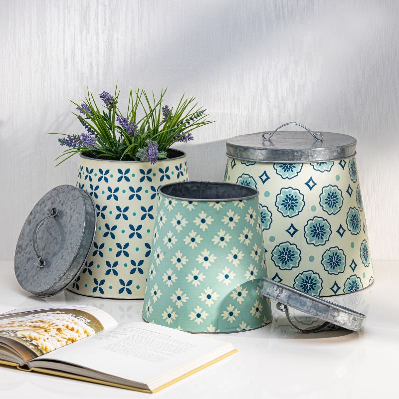 Lone Elm Studios Assorted style, Nested Galvanized Metal Milk Pail Canisters with Blue Mix & Match Pattern