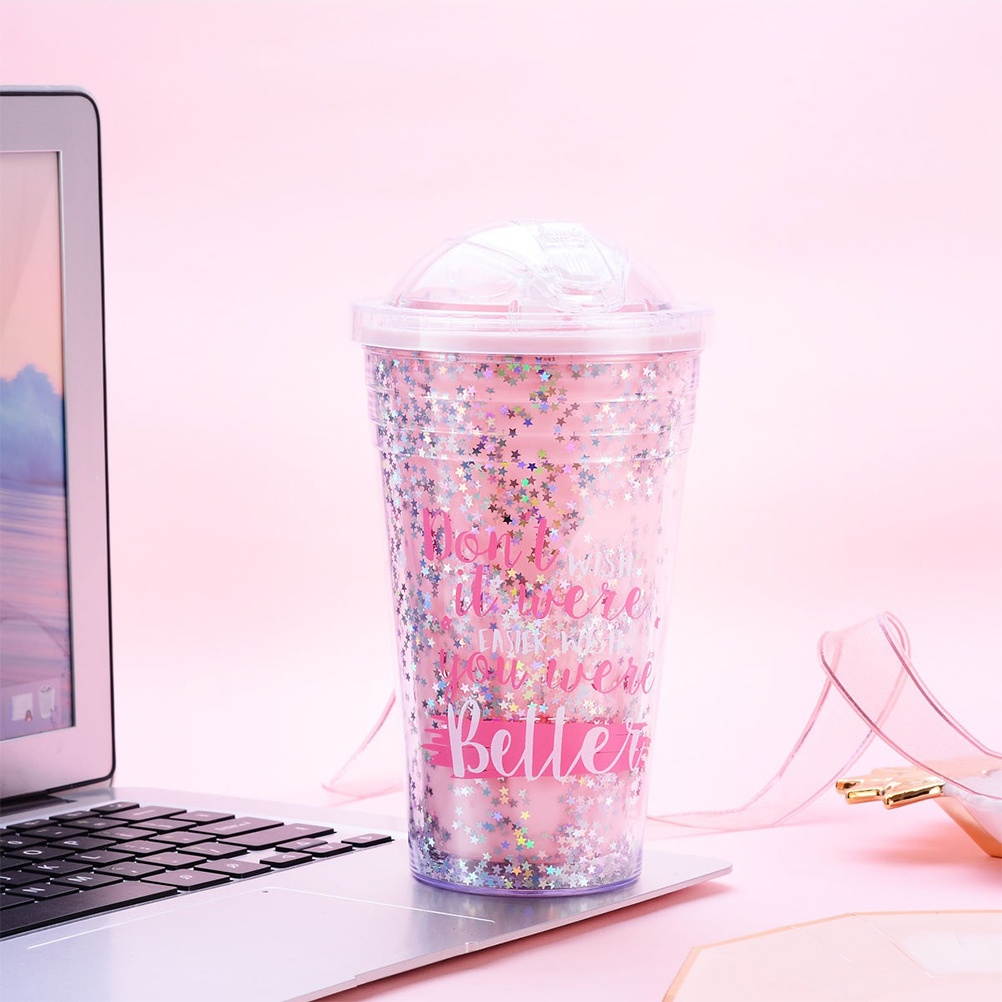 1pc Plastic Straw Cup Cartoon Mug Double-layer Sippy Cup Portable Drinking Bottle for Women Girls Students (400ML)