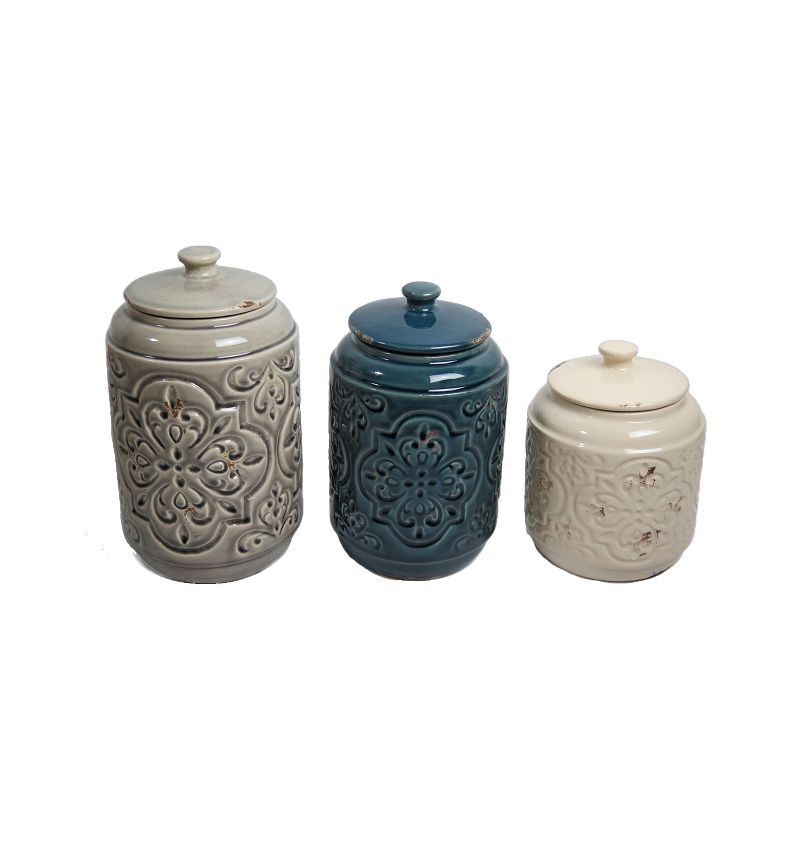 Country Quilted Design Canister Set of 3 Cream/Blue/Gray 56oz/72oz/102oz - Drew DeRose