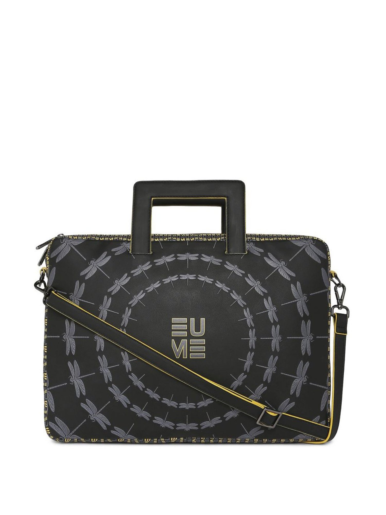 Eume Dragonfly Black Leather Printed Laptop Messenger Bag