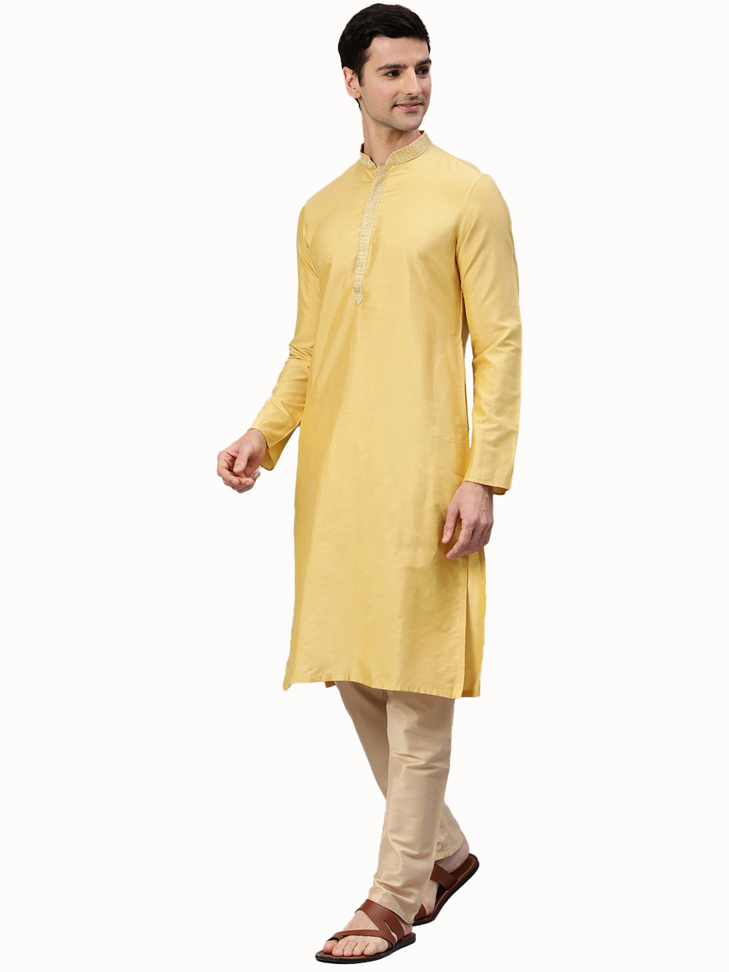 Manthan Fawn Mandarin Collar Self Design Kurta