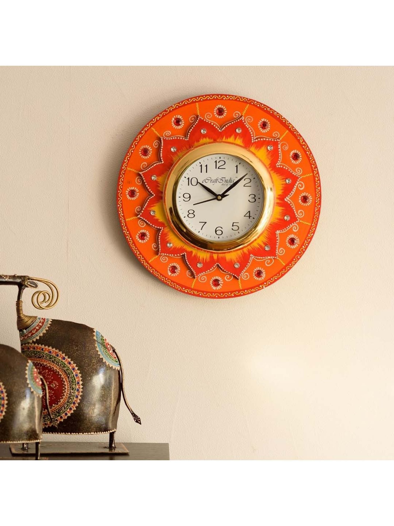 eCraftIndia Crystal Studded Floral Shape Wooden Handcrafted Wall Clock