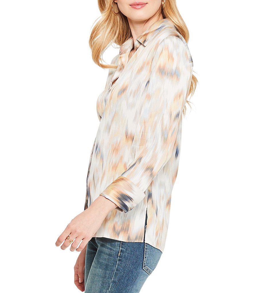 NIC + ZOE Long Sleeve Collared V-Neck Dreamy Tie-Dye Ikat Print Blouse