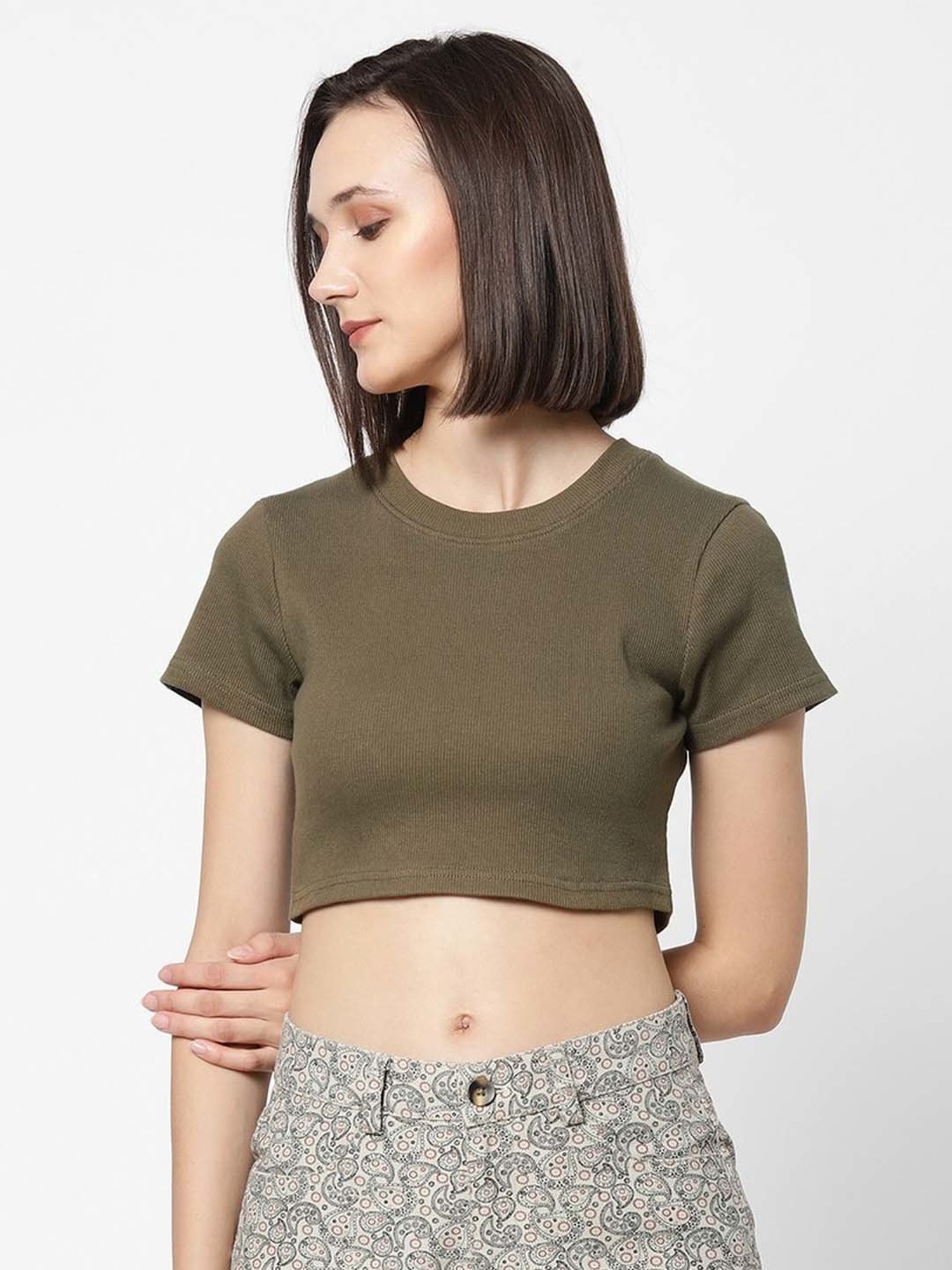 VASTRADO Olive Green Cotton Crop Top